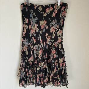 Vintage Lauren Ralph Lauren Silk Midi Skirt 90s Y2K Black Floral Whimsigoth